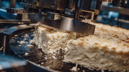 Cheese wheel rotates under mechanical knife that slices wedges with steady precision, stainless steel blade gleams in cool light