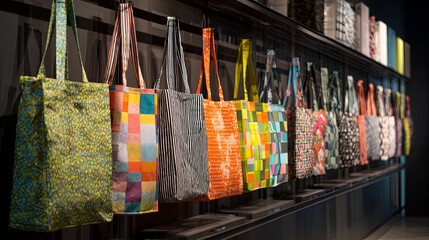 Vibrant colorful tote bags with various patterns and textures displayed in a modern retail setting, highlighting diverse styles, fabric details, and practical design for everyday use and shopping conv