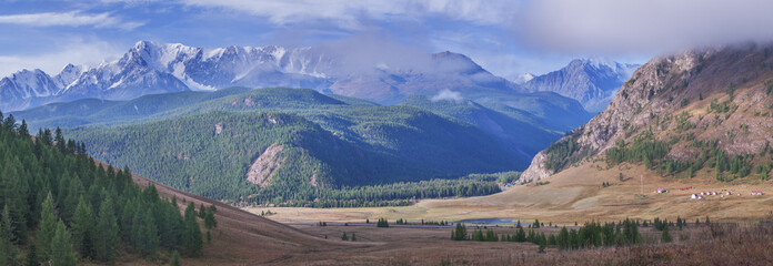 Picturesque mountain valley on a sunny summer morning, panoramic view	