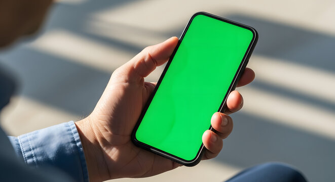 Hand holding modern smartphone with a vibrant green screen for mobile app development and technology concepts.