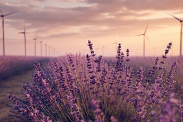 Vibrant lavender blooms sway gently in the breeze as the sun sets behind wind turbines, creating a tranquil atmosphere in a rural landscape rich with natures colors