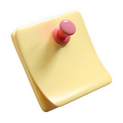 Stylized yellow sticky note with pink pushpin isolated on transparent background