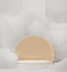 Pedestal and Delicate fluffy clouds, white soapy foam. 3d render illustration. Podium for brand promotion product. White gray background for cosmetic presentation. Stand base mockup