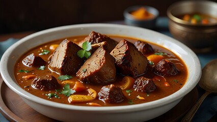 Beef stew with vegetables and rice served in a bowl