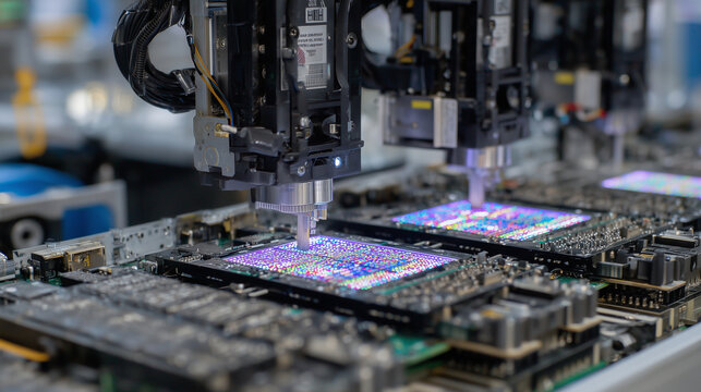 LED light assembly line where mechanical clamps mount diode chips onto circuit board, UV glue cured instantly by laser