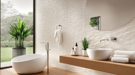 Elegant Spa Bathroom Interior with Round Mirror and White Fixtures in a Serene Light Color Scheme