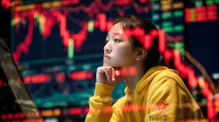A focused woman in a yellow hoodie analyzes fluctuating stock market graphs on multiple computer screens.