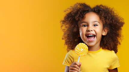  Cute pretty curly little African american child girl wearing sunglasses, posing and laughing. to camera with colorful lollipop on yellow background. Happiness, childhood banner with copy space.