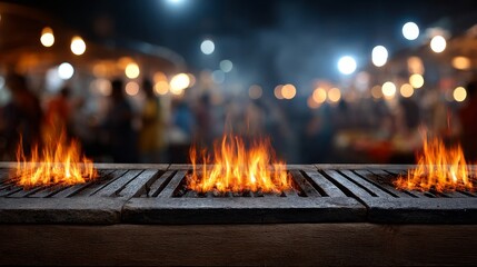 Dynamic action shot of chef masterfully cooking with flames in a kitchen stir frying delicious food against a blurred background