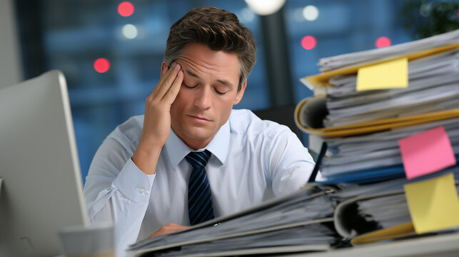 Tired businessman rubs his eyes, open binder balanced precariously on a stack of folders, sticky notes everywhere, monitor screen shows urgent red notifications