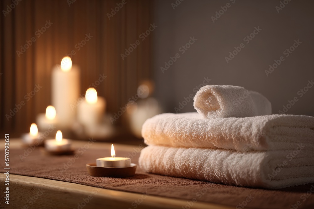 Poster soft lighting and relaxing aromas create a tranquil atmosphere in a spa room. freshly folded towels 