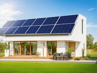 Modern eco-friendly house with solar panels on the roof, surrounded by lush greenery and a well-maintained lawn, showcasing sustainable living and innovative architecture