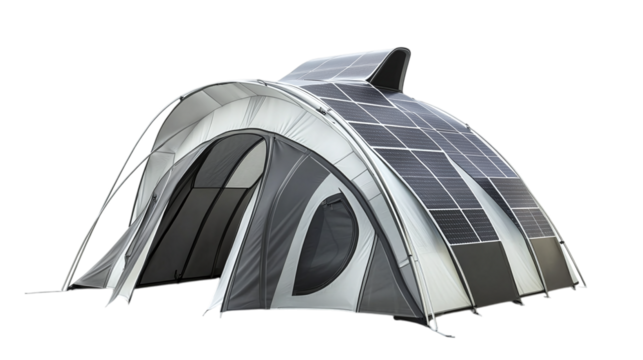 • A futuristic, foldable solar-powered tent for outdoor use, isolated on white background in HD 