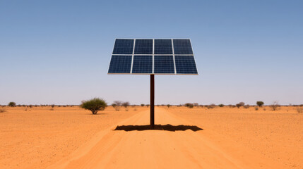  solar panel array stands alone in a vast desert landscape under a clear blue sky.