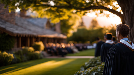 Graduates from diverse backgrounds stand in line, robes fluttering in soft breeze, sunlight filters through trees onto campus lawn during heartfelt commencement ceremony