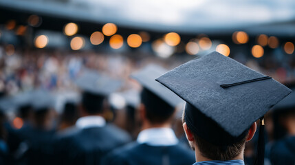 University graduates with decorated caps stand side by side, arms linked, bright future ahead, crowd of proud families and faculty in soft background blur