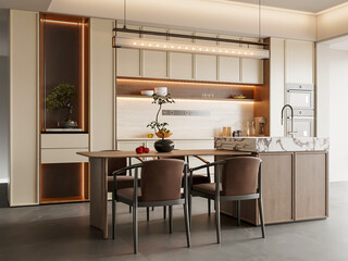 3D render of a modern zen-style kitchen and dining interior featuring natural wood materials,...