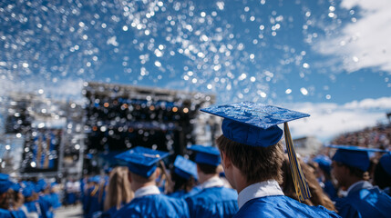 Naklejka premium Row of students in graduation gowns and caps facing ceremonial stage, confetti in air, shimmering under clear blue sky, symbolizing success and new beginnings