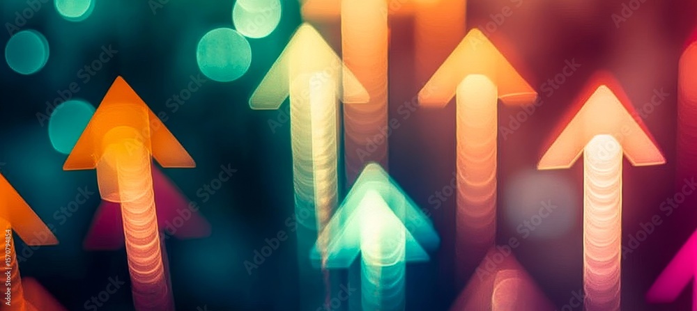 Poster dynamic ascent blurred arrows through a bright bokeh backdrop representing hope and innovation.