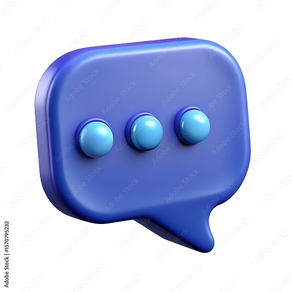 Poster 3d rendering of a glossy blue speech bubble with three dots on white, depicting conversation and dig