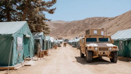 Wide-angle view of a military base camp in desert terrain featuring rows of green canvas tents, an armored vehicle, soldiers walking amid tents under harsh sunlight with minimal vegetation and rugged,