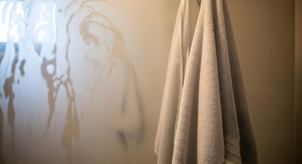 Clean bathroom serenity A white towel hangs near a frosted glass shower door, offering a minimalist and tranquil escape.