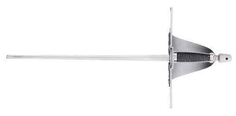 Metal fencing sword featuring a protective hilt guard for elegant and competitive combat training or showcases.Silver Fencing Sword with Guard Isolated on White Background
