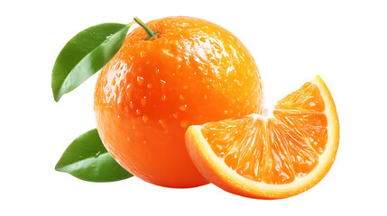 Orange Fruit with Segments and Green Leaves on Transparent Background
