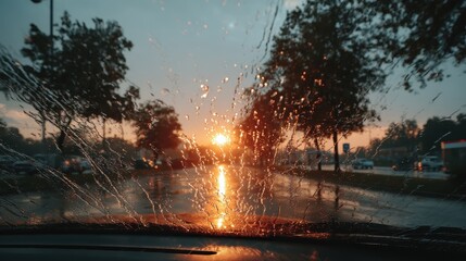 Wet street scene at sunset through car window.