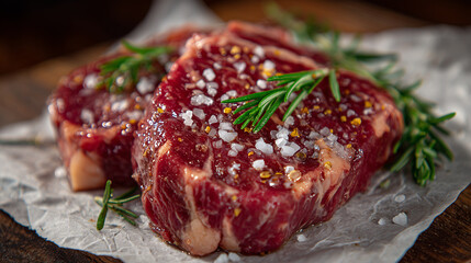 Juicy slices of steak layered on white paper, flecks of sea salt and rosemary needles scattered, soft lighting enhances vibrant color of fresh meat