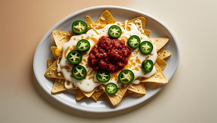 American nachos with cheese, jalape�os, and salsa on a plate.