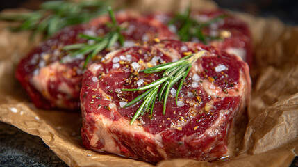 Obraz premium Thick slices of red raw meat glisten on parchment, lined with aromatic rosemary, close-up view showing marbling and texture, perfect for grilling