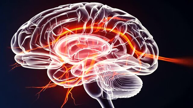 Intricate illustration of a human brain showcasing neural pathways and energy flow, set against a dark background