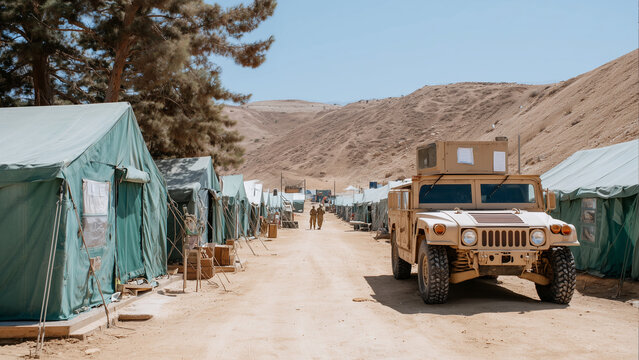 Wide-angle view of a military base camp in desert terrain featuring rows of green canvas tents, an armored vehicle, soldiers walking amid tents under harsh sunlight with minimal vegetation and rugged, - Powered by Adobe