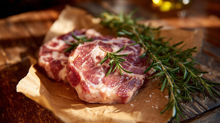 Marbled meat slices placed on butcherâs counter with paper and rosemary, sunbeam illuminates natural textures, culinary simplicity and richness