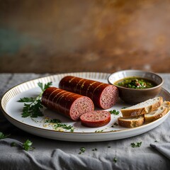 Argentine chorip�n (sausage sandwich) served on a plate.