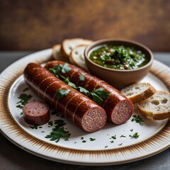Argentine chorip�n (sausage sandwich) served on a plate.