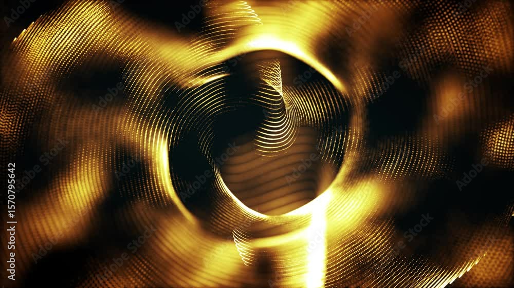Poster abstract gold particles and waves forming dynamic circular patterns on a dark background. futuristic