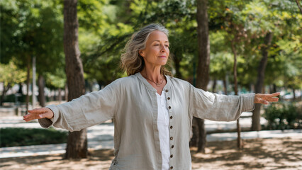 A woman practices Tai Chi in a park during the morning, striking a graceful pose under tall trees. 
Sunlight filters through leaves as her peaceful expression and slow movements embody calm balance.