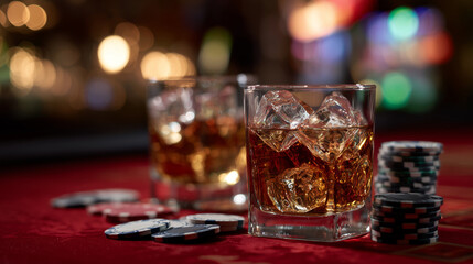 Dramatic composition of whiskey glasses with ice, scattered poker chips on a bright red table, shadows and light interplay evoke thrill of betting in upscale club