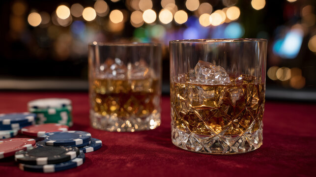 Whiskey glasses with ice cubes next to vibrant poker chips on deep red felt surface, spotlight highlights textures, night club energy buzzing softly in background