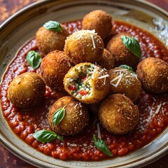 Italian arancini (fried rice balls) served with marinara sauce on a plate.