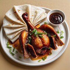 Chinese crispy duck served with pancakes and hoisin sauce on a plate.