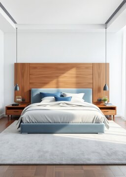 Modern bedroom with wooden headboard in white and blue tones velvet bed bedding pillows and carpet minimalist interior design Empty room interior design architecture blank design room