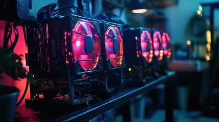 Close-up of multiple computer hardware units with glowing fans.