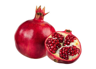 pomegranate, whole and cut fruit on white background.