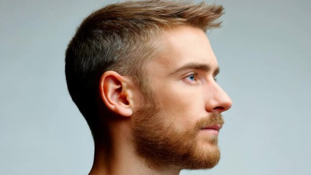 Young man profile with beard, blue eye, short hair showing sensory discomfort calm expression against plain neutral background