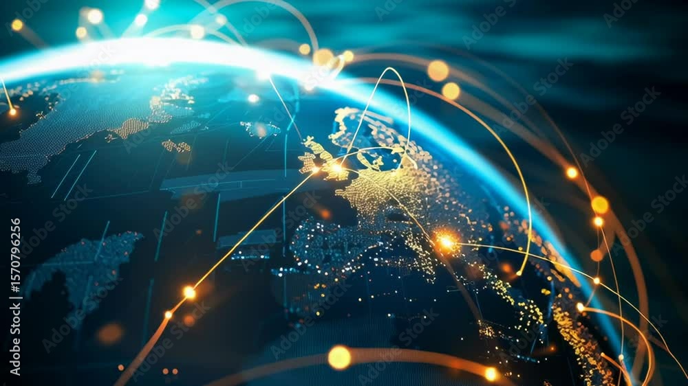 Poster a globe with a network of lines connecting it. the lines are glowing and the globe is blue