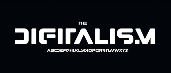 Fototapeta na wymiar Rounded techno logo font, bold sci-fi alphabet. Cutout geometric letters for game headline, cyberpunk UI, tech HUD, display text, robotic branding. Digital futuristic typeset. Vector typography