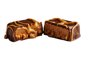 chocolate caramel candy bar, cut in half, on white background